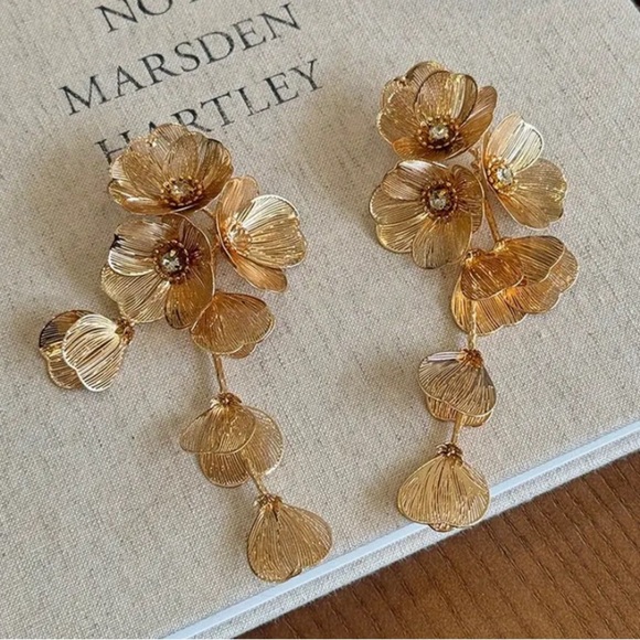 Gold Floral Chandelier Earrings with Dangling Discs - Picture 2 of 4